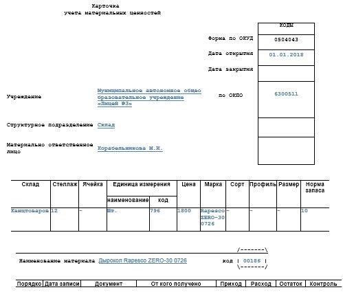 Структура бланка карточки учета материальных ценностей