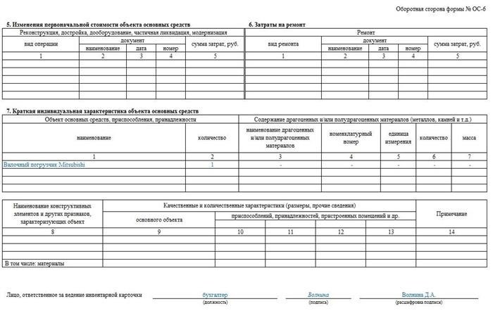 Образец карточки основного средства на ос6