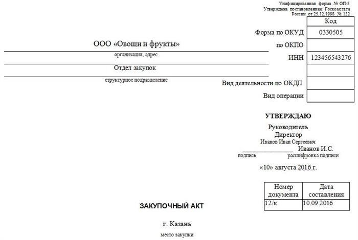 Инструкция по заполнению закупочного акта