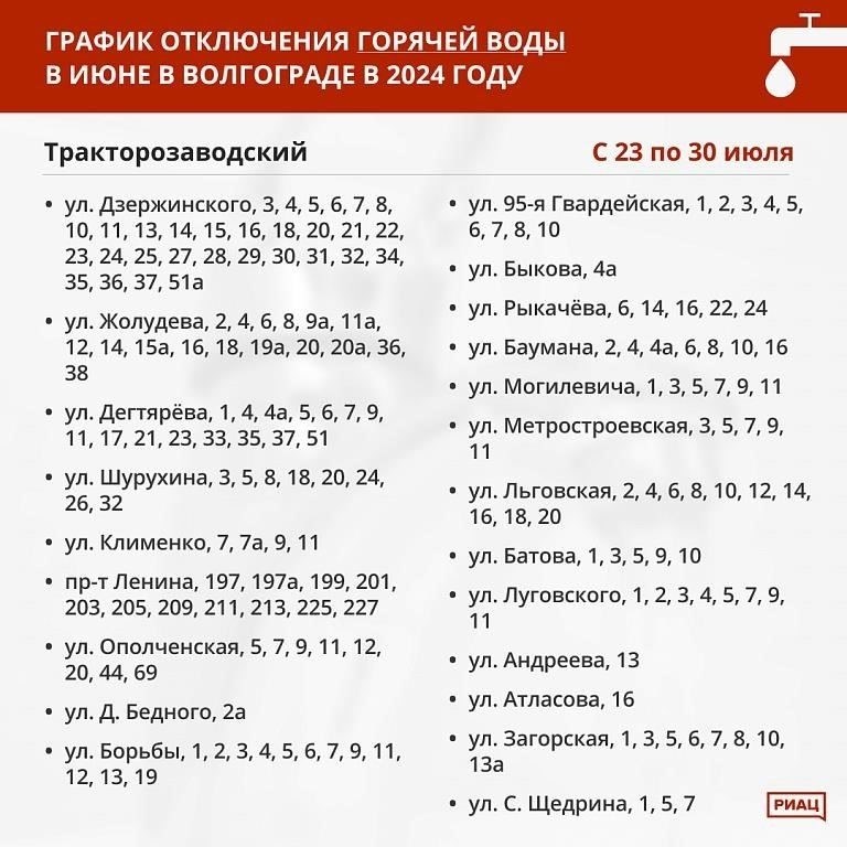 График отключения горячей воды в Волгограде на июнь
